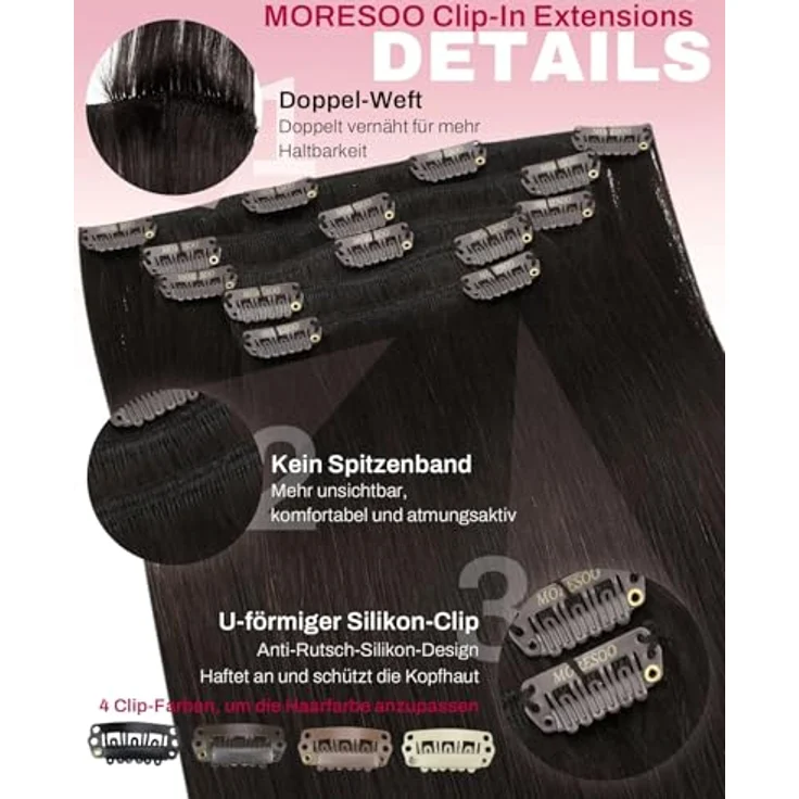 Moresoo Clip in Extensions Echthaar, Glattes 25 cm, 80g, 5 Stück - Seidiges und Langlebiges Haar für Volumen und Styling – Bild 4