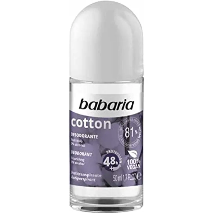 Babaria Desodorante Roll-On Cotton 50Ml, lange Lebensdauer, pflegend, dermatologisch getestet