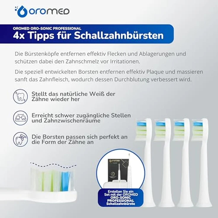 Oromed Bürstenköpfe 4 Stück – Ersatzköpfe für ORO-SONIC Professional White, gründliche Plaqueentfernung, sanfte Zahnfleischmassage, natürliche Zahnaufhellung – Bild 2