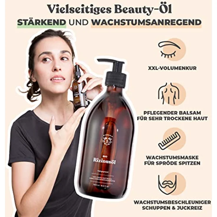 Bionoble Rizinusöl Bio 500ml - 100% Rein, Natürlich und Kaltgepresst - Wimpern, Augenbrauen, Haare, Bart, Nägel - Vegan und Cruelty Free - Castor Oil - Glasflasche + Pumpe – Bild 2