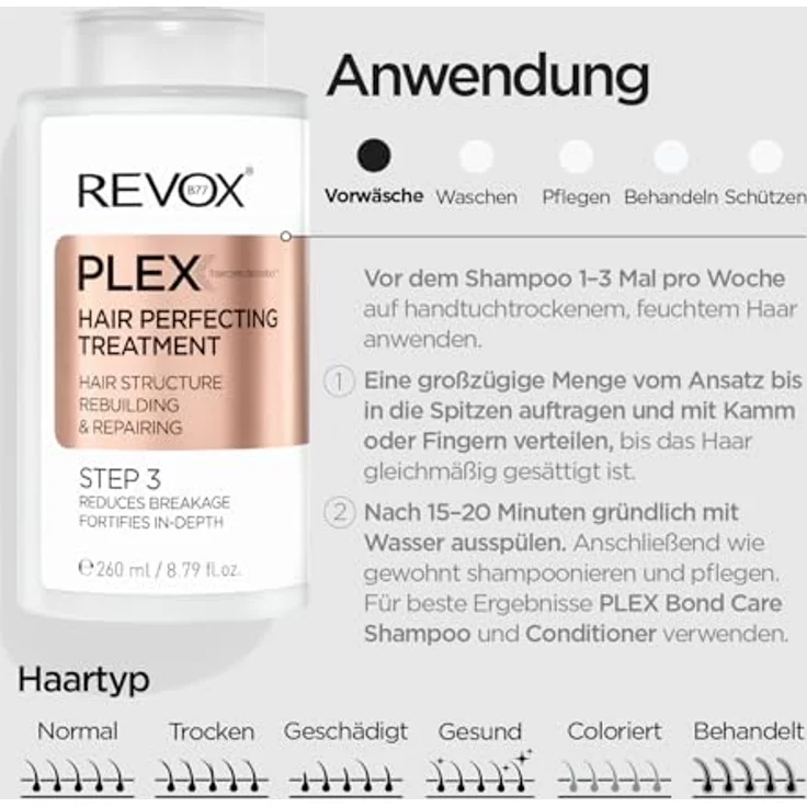 REVOX B77 Plex Hair Perfecting Treatment Step 3, 260 ml, professionelle Haarbehandlung, repariert geschädigtes Haar, schützt vor Haarbruch, verleiht Glanz – Bild 5