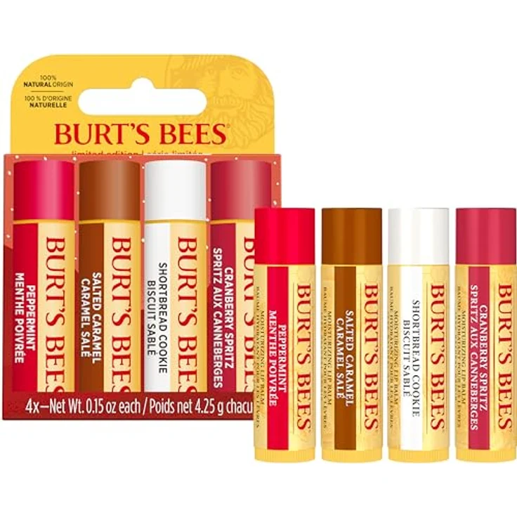 Burt's Bees Geschenkset Lippenbalsam-Set mit Bienenwachs und Vitamin E, 4 Geschmacksrichtungen: Shortbread Cookie, Cranberry Spritz, Salzkaramell, Pfefferminz, 4 x 4,25 g, 100 % natürlich – Bild 2