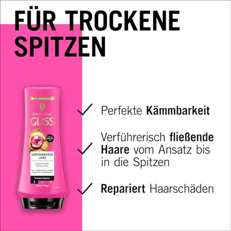 Gliss Kur Spülung Verführerisch lang, Haarspülung mit Biotin-Komplex und Pfingstrosenessenz, repariert geschädigte Haarlängen und pflegt trockene Spitzen, 200 ml – Bild 4