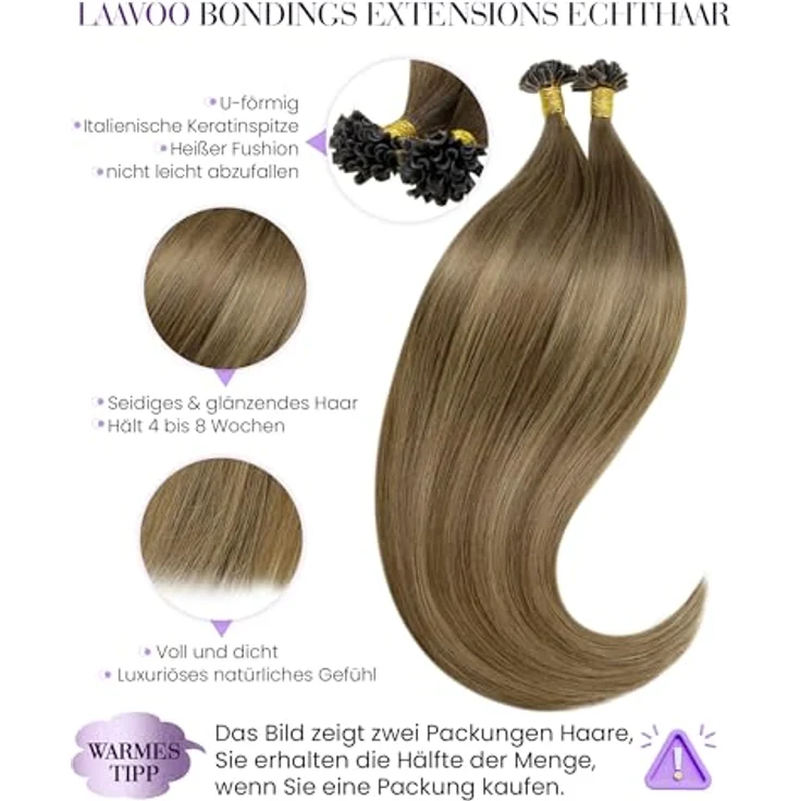 LaaVoo 55cm Echthaar Bonding Extensions, Ombre Braun mit Balayage Blond, pre-bonded Keratin U-Tips, 50g – Bild 2