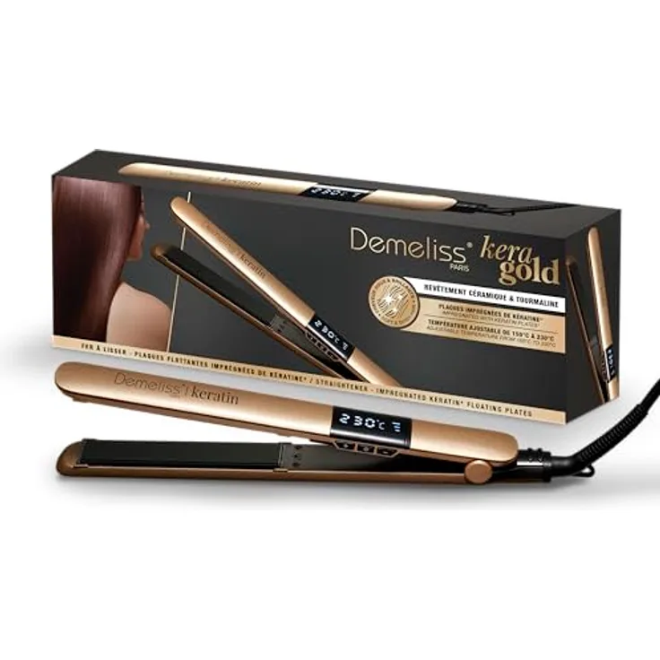 Demeliss Kera GOLD 2-in-1-Glätteisen, mit Keratin angereicherte Platten, Temperatur 150-230 °C, digitaler Bildschirm, professionelles Glätten und Locken