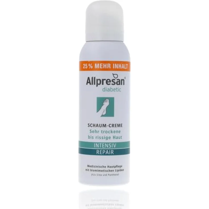 Allpresan diabetic INTENSIV + REPAIR mit Urea Schaum-Creme - bei Diabetes mellitus - für sehr trockene bis rissige Fußhaut - 125ml, pflegende Schaum-Creme zur intensive Feuchtigkeitsversorgung – Bild 1