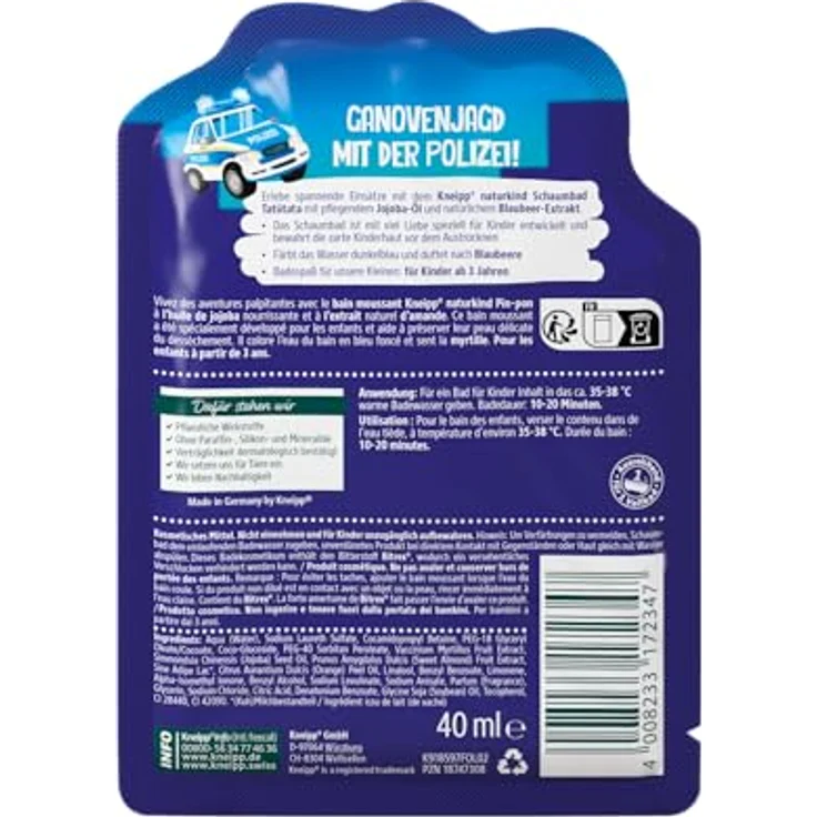 Kneipp Naturkind Schaumbad Tatütata, Badezusatz mit pflegendem Jojoba-Öl und natürlichem Blaubeer-Extrakt, fruchtiger Blaubeerduft, blaues Wasser, ab 3 Jahren, 40 ml – Bild 5