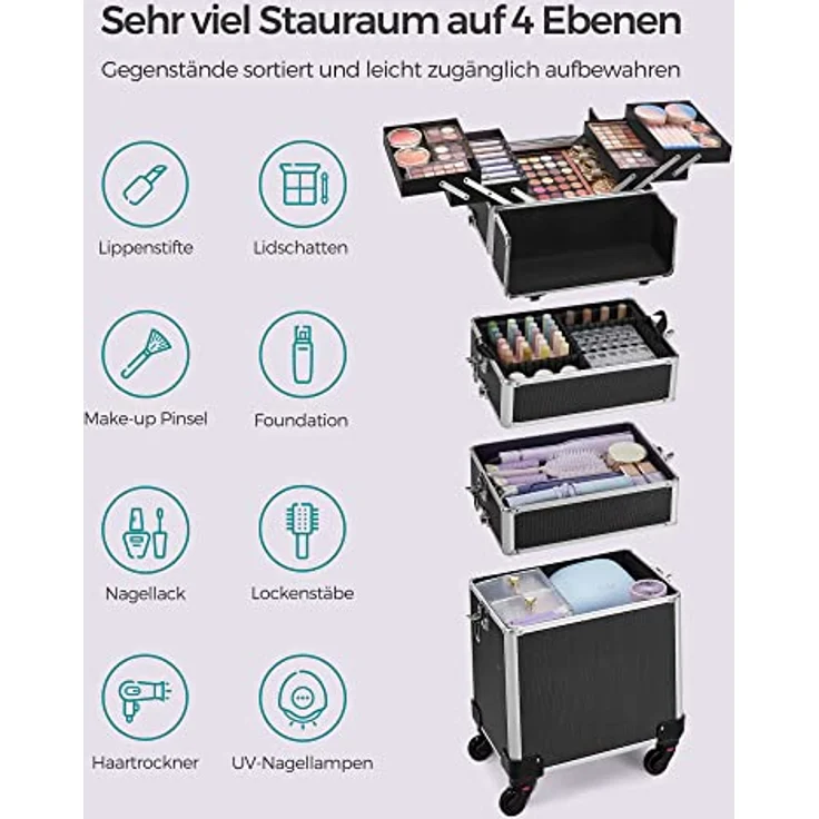 SONGMICS Kosmetikkoffer, Trolley, 4-in-1 Schminkkoffer, groß, abschließbar, 360° drehbare Rollen, für Reisen, Geschenkidee, schwarz JHZ11BK – Bild 3