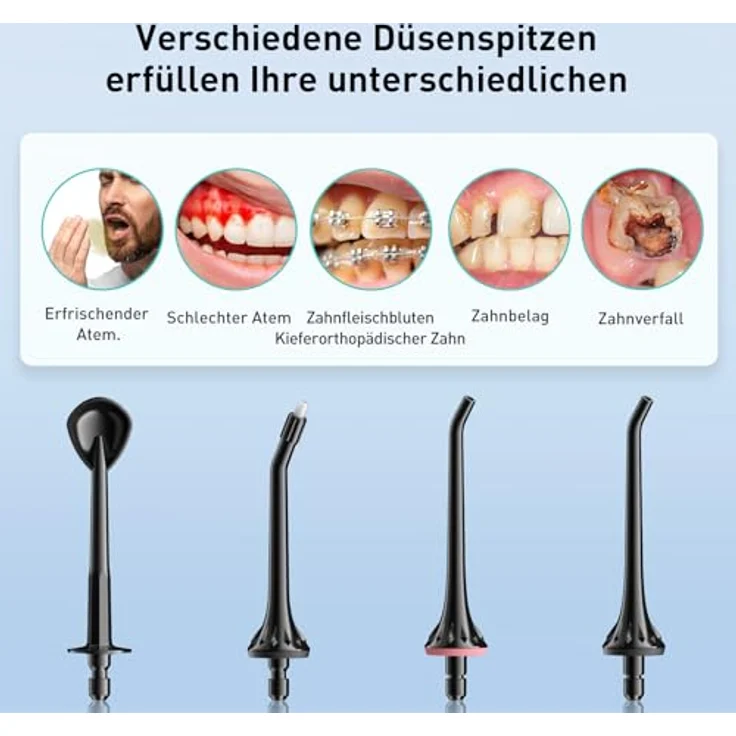 COSLUS Kabellose Munddusche, Elektrischer Zahnreiniger mit 4 Modi, 300ml Wassertank, 30 Tage Akkulaufzeit, IPX7 Wasserdicht, 4 Multifunktionsdüsen – Bild 5