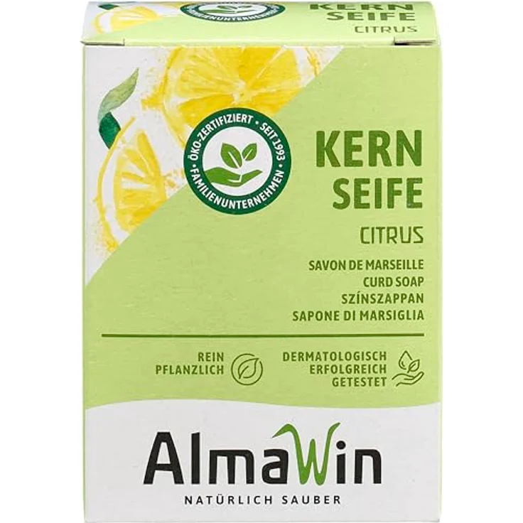 Almawin Kernseife Handseife 100g, rein pflanzlich, basische Körperpflege, natürlicher Zitronenduft – Bild 1