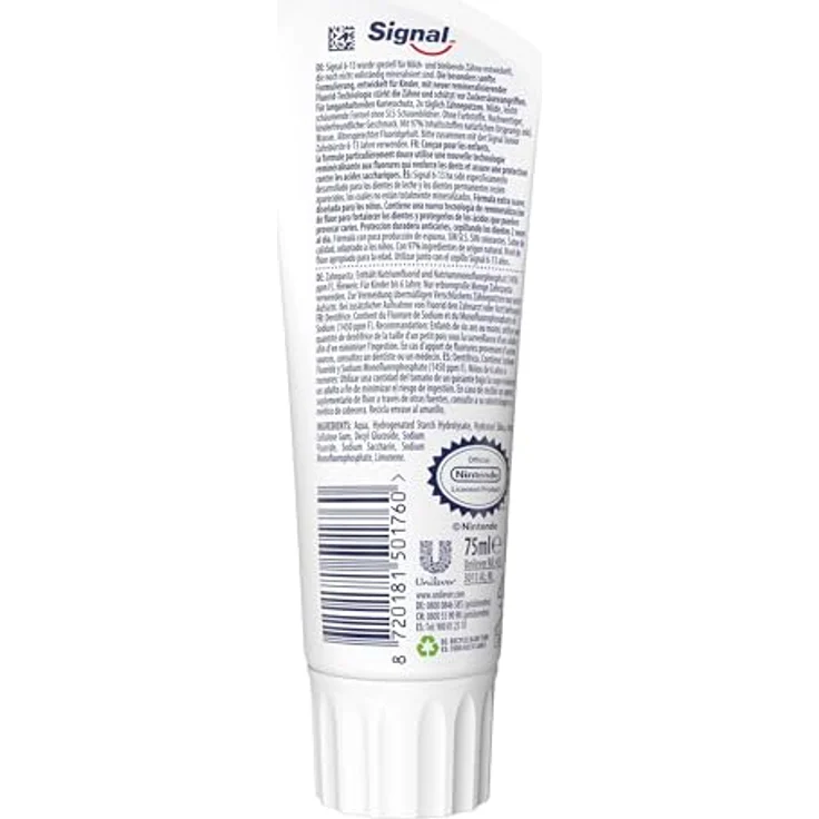 Signal Zahnpasta Junior Milde Minze, für Milch- und bleibende Zähne, 75 ml, mit natürlichem Geschmack und Fluorid-Remineralisierung – Bild 2