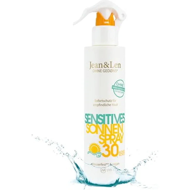 Jean & Len Sensitiv Sonnenspray 30 LSF wasserfest, für empfindliche & zu Sonnenallergie neigende Haut, ohne Silikone, Nanopartikel, Octocrylen, Mikroplastik, Mineralöl, vegan, Sprühflasche 250 ml