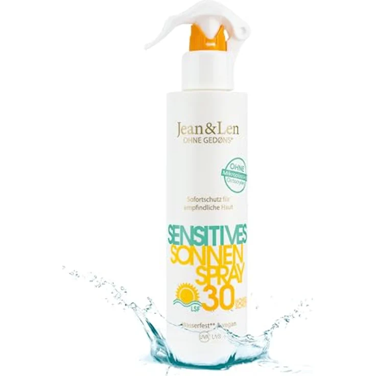 Jean & Len Sensitiv Sonnenspray 30 LSF wasserfest, für empfindliche & zu Sonnenallergie neigende Haut, ohne Silikone, Nanopartikel, Octocrylen, Mikroplastik, Mineralöl, vegan, Sprühflasche 250 ml – Bild 1