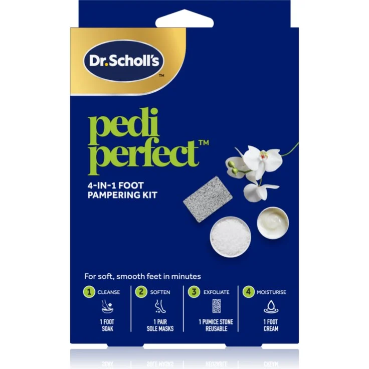 Scholl Dr. Scholl's PediPerfect Pediküre Set, inklusive Badesalz, Fersenmaske, Bimsstein und Fußcreme, für schöne und gepflegte Füße