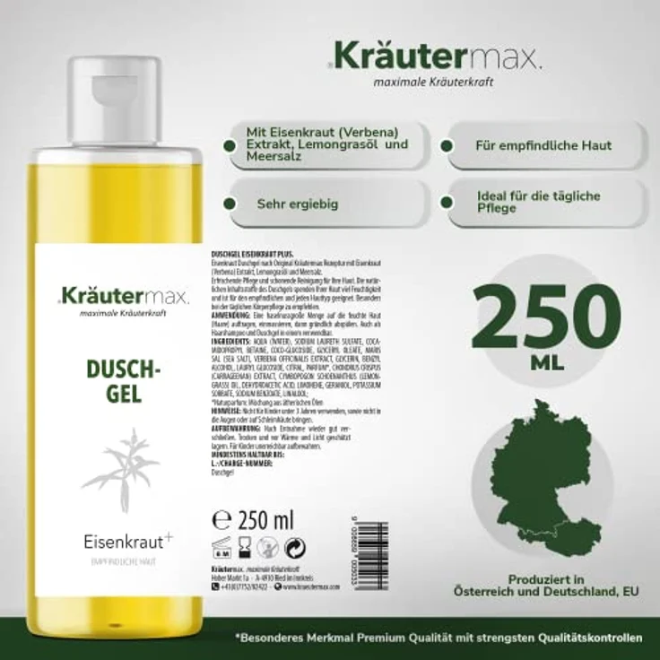 Kräutermax. Eisenkraut Duschgel auch als Shampoo Seife Flüssig und Flüssigseife, 250 ml mit Eisenkraut Extrakt, Lemongrasöl und Meersalz, natürliche Pflege für jeden Hauttyp, ohne Paraffine und Vaseline, ohne synthetische Duft- und Farbstoffe – Bild 4