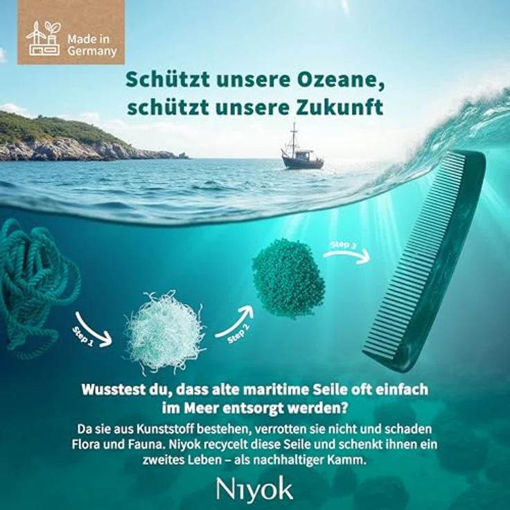 Niyok Taschenkamm, kompakt & praktisch für alle Haartypen aus 99% recycelten maritimen Seilen, Made in Germany – Bild 2