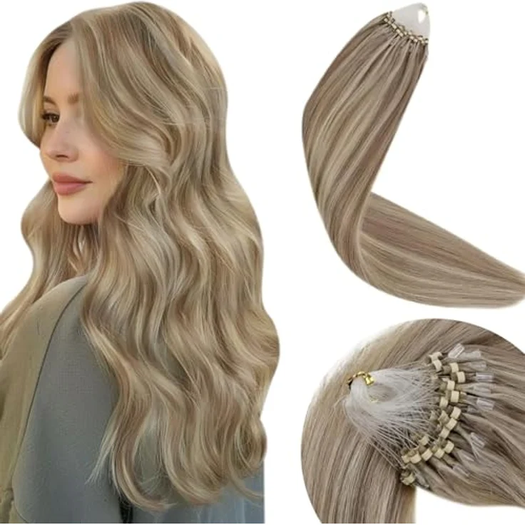 LaaVoo 55cm Microring Echthaar Extensions, 50g, Hellbraun Highlighted und Hellblond, 1g Invisible Micro Loop, #P8/24 – Bild 1