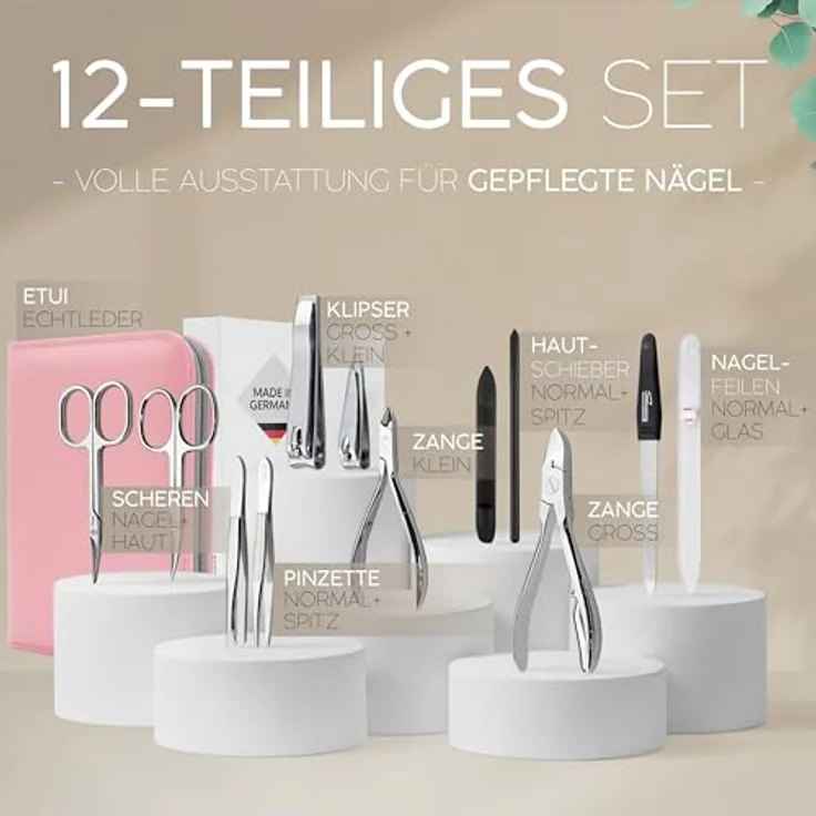 marQus Solingen Maniküre Pediküre Set 12 Teile im Echt Leder Etui, Komplett Kit für Hand- und Fußpflege, Nagelset Rosa, Made in Germany – Bild 3