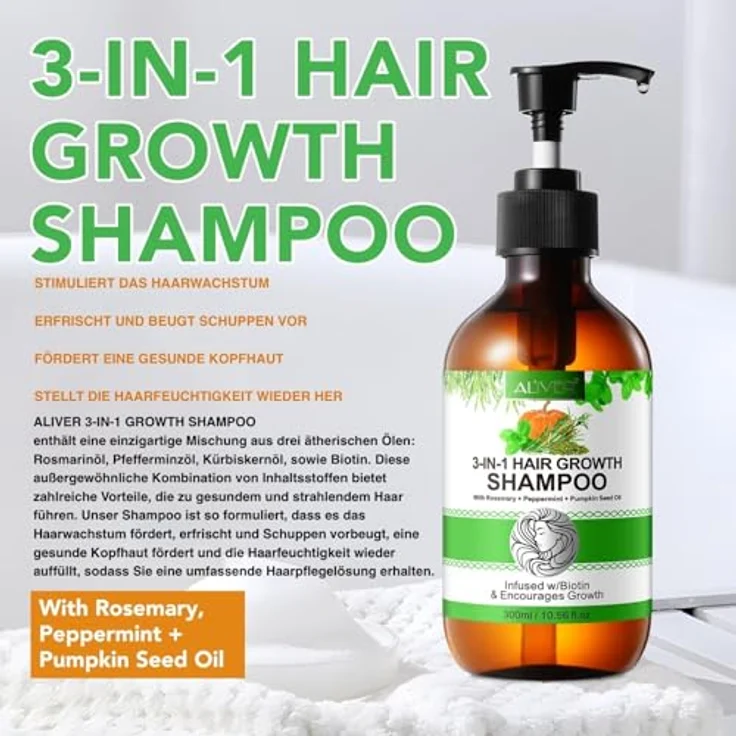 P-Beauty 3-in-1 Haarwachstum Shampoo mit Rosmarin, Minze & Kürbiskernöl, 300ml, Biotin angereichert, für geschädigtes Haar, intensive Feuchtigkeit & Schutz vor Haarbruch – Bild 3