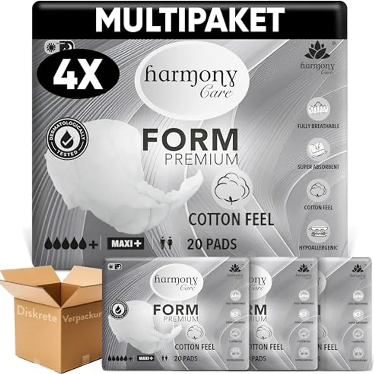 Harmony Care® Form Maxi+ Inkontinenzvorlagen Unisex, stark - 80 Stück, hohe Saugstärke bis 3400 ml, anatomisch geformt, mit anti-Odour System