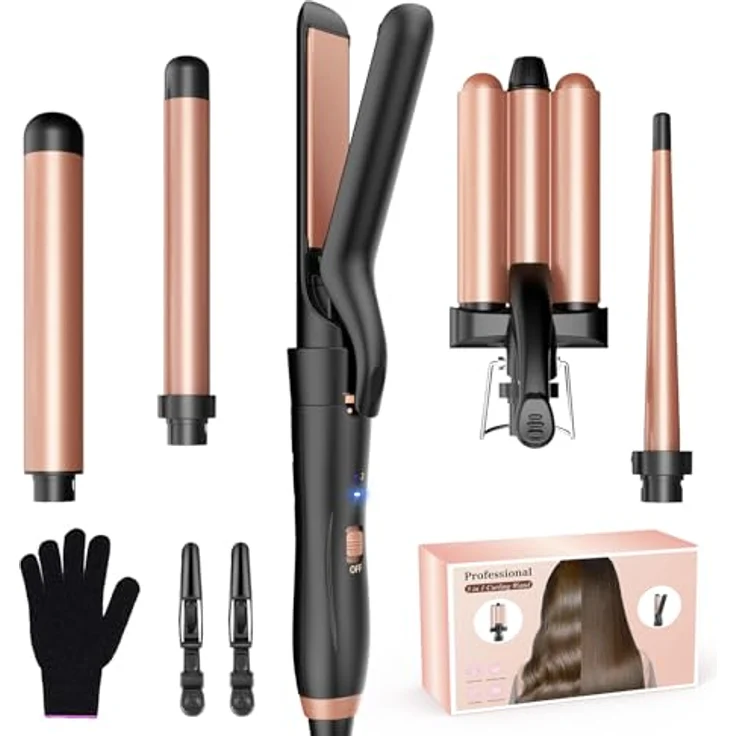 BESTOPE MIX Lockenstab Hair Curler 5 in 1, antistatisches Keramik Welleneisen mit 3 Fässern, einstellbarer Temperatur bis 210°C, schnelle Erwärmung, rose gold – Bild 1