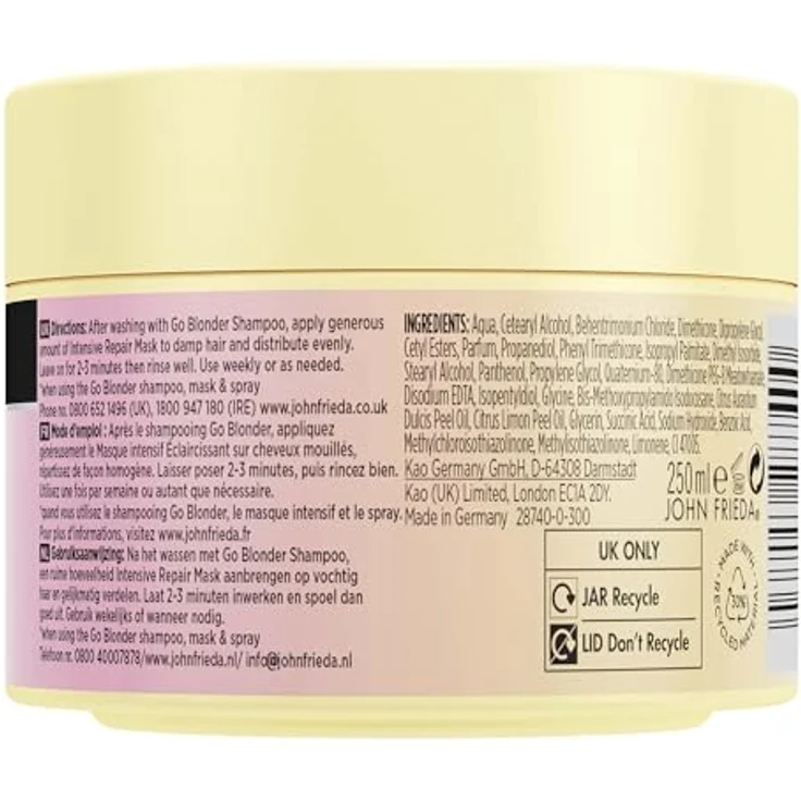 John Frieda Go Blonder Intensive Repair Mask, aufhellende Haarmaske mit vegan-freundlichen Inhaltsstoffen, 250ml – Bild 2
