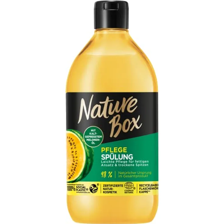 Nature Box Spülung Pflege (385 ml), Haarspülung mit kaltgepresstem Melonen-Öl, Pflegespülung für trockene Spitzen und Längen, Flasche aus 100% Social Plastic