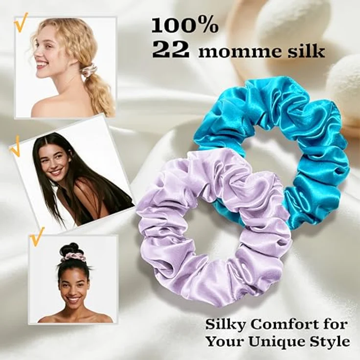 townssilk Seiden Scrunchie 2er-Set, 100% Maulbeerseide 6A/22 Momme, haarschonend und elastisch ohne Abdrücke, Lavender & Bahama Blue – Bild 2