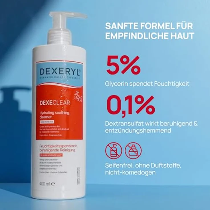 DEXERYL DEXECLEAR, feuchtigkeitsspendende Reinigung für zu Akne neigende Haut, 5% Glycerin + 0,1% Dextransulfat, seifenfrei, 400 ml – Bild 5