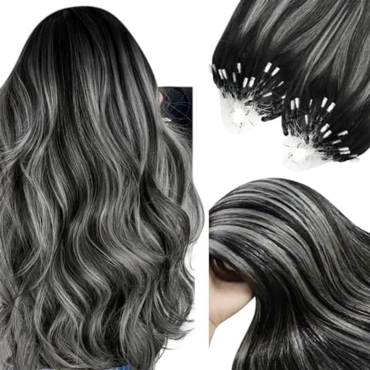 YoungSee Microring Extensions Echthaar Silber 55 cm, Micro Loop Extensions Ombre, Remy Echthaar, 50g, unsichtbare Kaltfusions-Extensions für Damen – Bild 1