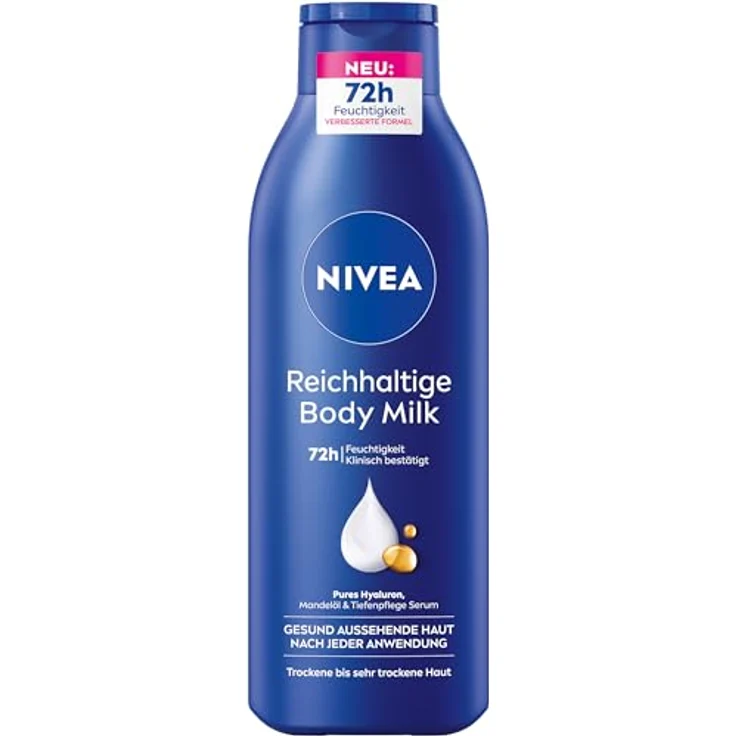 NIVEA Reichhaltige Body Milk, intensiv pflegende Körpercreme mit purem Hyaluron, Mandelöl und Tiefenpflege Serum, Lotion für trockene Haut (250 ml) – Bild 1