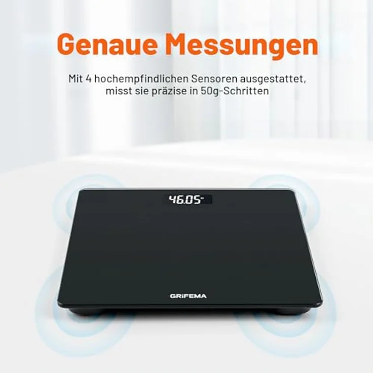 GRIFEMA GA2001-1 Personenwaage Digital, 150 kg Tragkraft, 26×26 cm, schwarzes gehärtetes Glas, LCD-Display, Auto-Off-Funktion – Bild 3