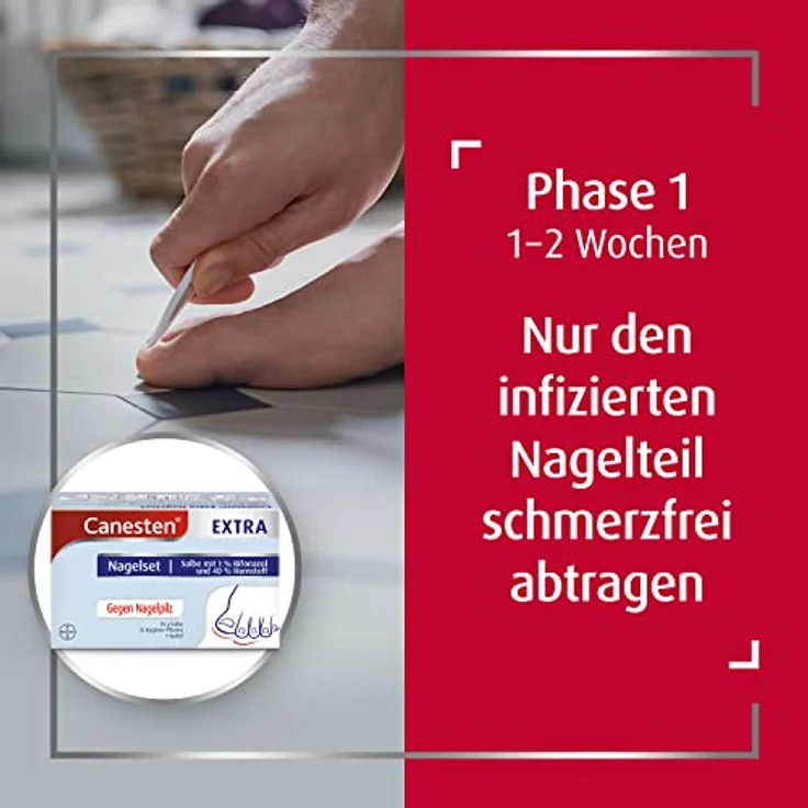 Canesten Extra Nagelset zur Behandlung von Nagelpilz mit Salbe, 5 Hygiene-Pflastern und Spatel – Bild 4