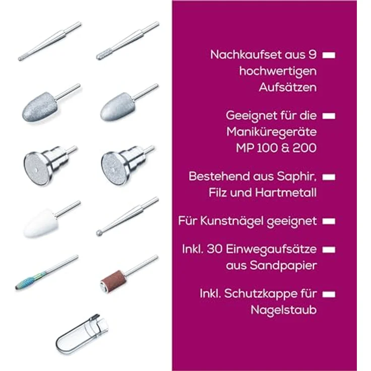 Beurer MP 100/MP 200 Nachkaufset, 10 Nagelfräser Aufsätze aus Saphir, Keramik und Filz, 30 Einwegaufsätze aus Sandpapier, mit Schutzkappe für Nagelstaub – Bild 4