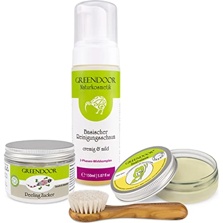 GREENDOOR Anti-Pickel-Set Exclusive, mit antibakteriellem Neemöl und Salbei, 150ml basischer Reinigungsschaum, Gesichtspeeling, Olivenholz Gesichtsbürste, Naturkosmetik ohne Tierversuche – Bild 2