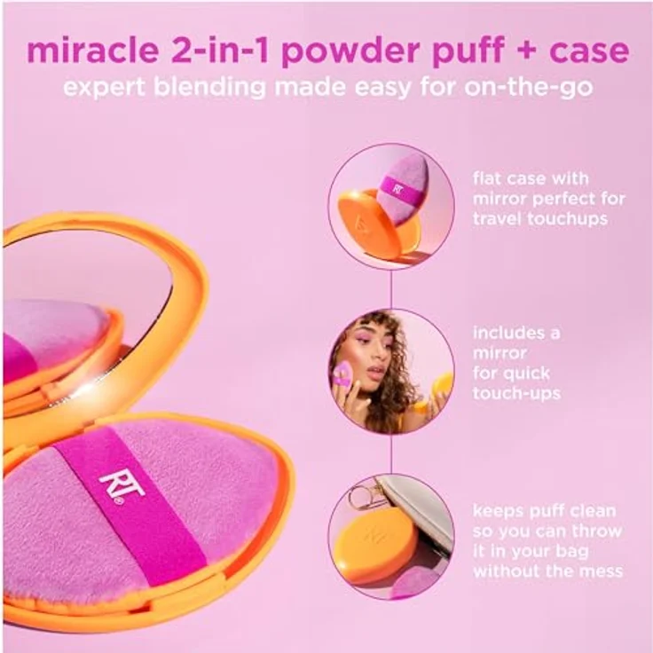 Real Techniques Miracle 2-in-1 Puderquaste+Reiseetui, doppelseitiger Puff zum Mischen von Make-up, Gummiband, Präzisions-Make-up-Schwamm und Puderquaste, für Flüssigkeiten,2 Stück – Bild 5