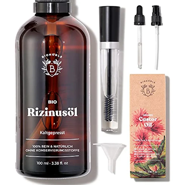 Bionoble Rizinusöl Bio 100ml - 100% Rein, Natürlich und Kaltgepresst - Wimpern, Augenbrauen, Haare, Bart, Nägel - Vegan und Cruelty Free - Castor Oil - Glasflasche + Pipette + Pumpe + Mascara Kit – Bild 1