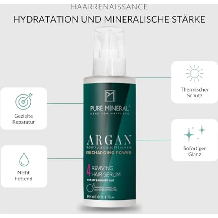 M PURE MINERAL DEAD SEA COSMETICS Pure Mineral Arganöl Haarserum, glättend und schützend, angereichert mit Vitamin E, ohne Sulfate und Parabene, 100ml – Bild 2