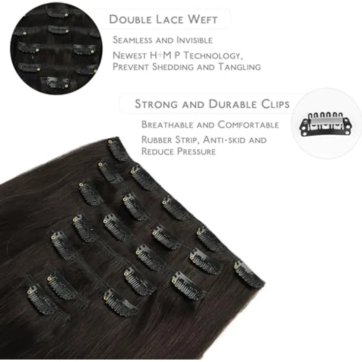 WENNALIFE Clip in Extensions, Echthaar 50cm 120g, 7pcs Dunkel Braun Haarverlängerungen mit silikonverstärkten Clips – Bild 3