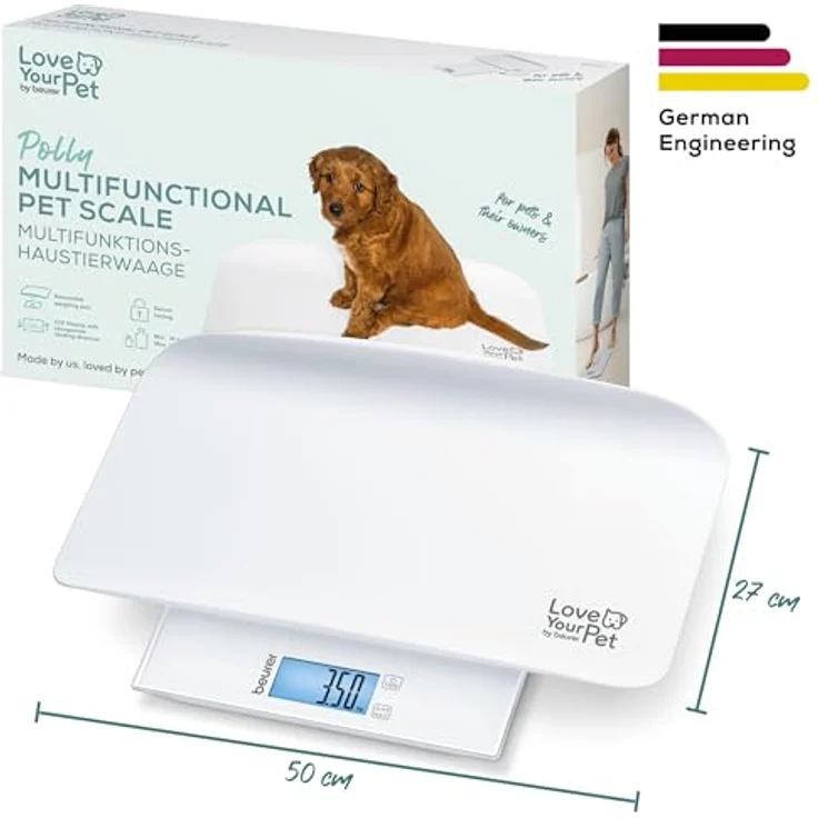 BEURER Polly Multifunktions-Haustierwaage, digitale Präzisionswaage bis 180 kg, Sicherheitsglas-Trittfläche, integrierte BMI-Berechnung, Überlastungsanzeige – Bild 7