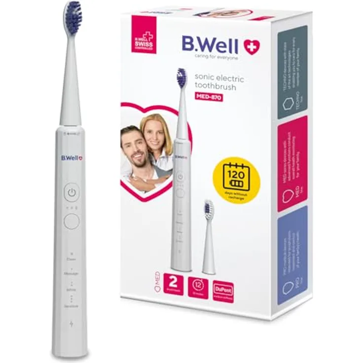 B.Well Sonic MED-870, Elektrische Schallzahnbürste mit 4 Betriebsmodi, 3 Intensitätseinstellungen, Weiss