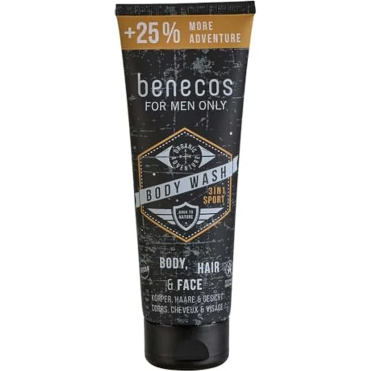 Benecos for men only Body Wash 3in1 Sport, Duschgel für Körper, Haare und Gesicht mit Bio-Apfelsaft und Bio-Kaffeebohnenöl, 200ml + 25% mehr Inhalt