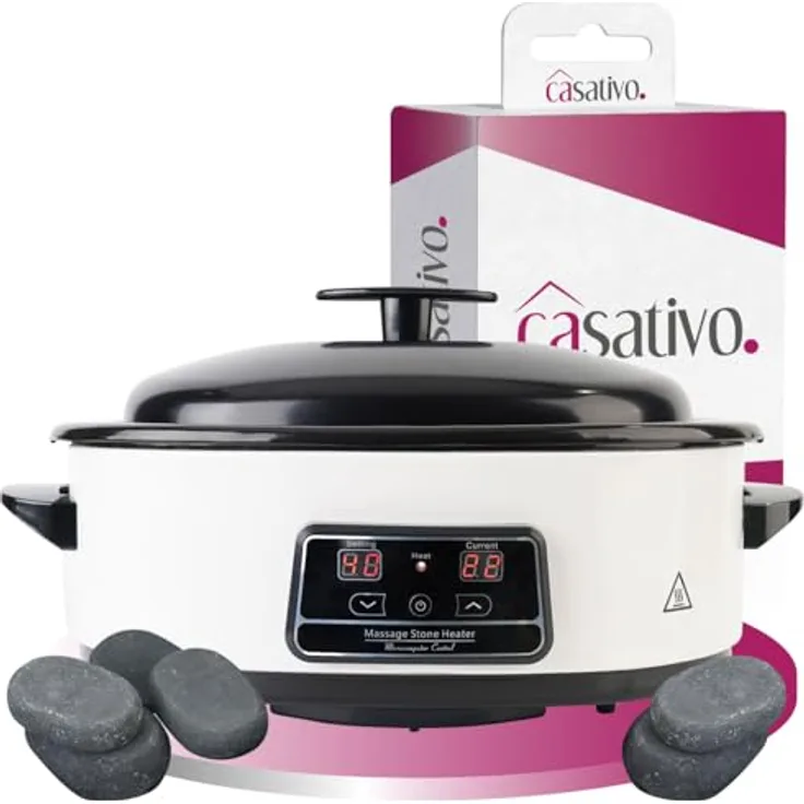Casativo Hot Stone Massage Set, Digital Warmsteingerät 750W mit 23 Natursteinen, 70°C, weiß-schwarz, für ganzheitliche Schmerztherapie und Muskelentspannung