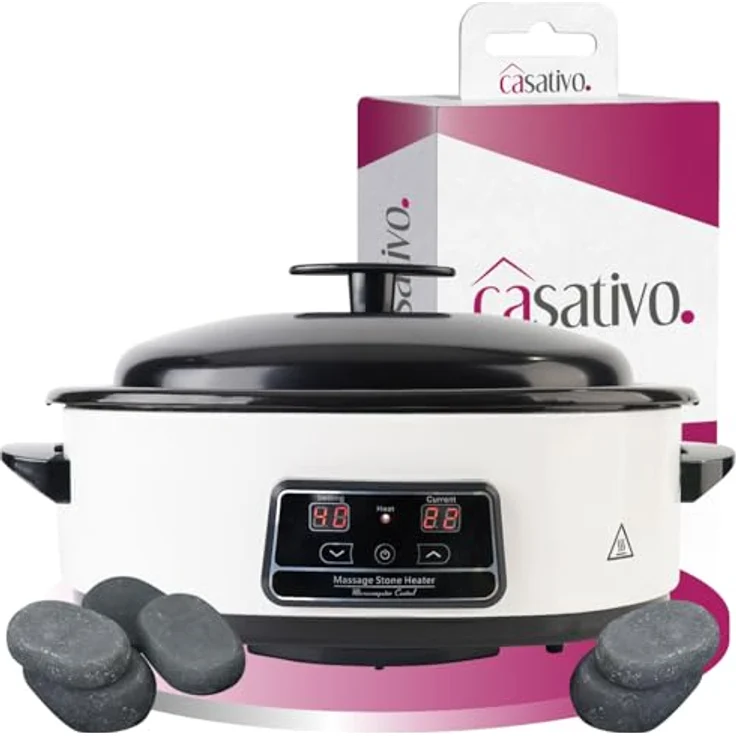 Casativo Hot Stone Massage Set, Digital Warmsteingerät 750W mit 23 Natursteinen, 70°C, weiß-schwarz, für ganzheitliche Schmerztherapie und Muskelentspannung – Bild 1