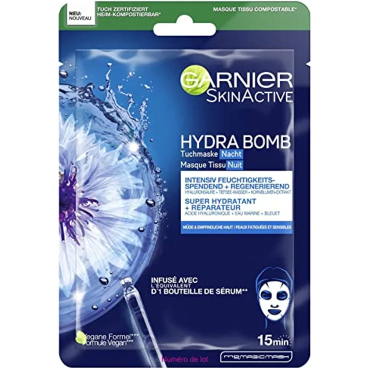 Garnier Tuchmaske Nacht, Hydra Bomb, 28 g, Regenerierend und feuchtigkeitsspendend, Mit Hyaluronsäure, Tiefesswasser und Kornblumen-Extrakt