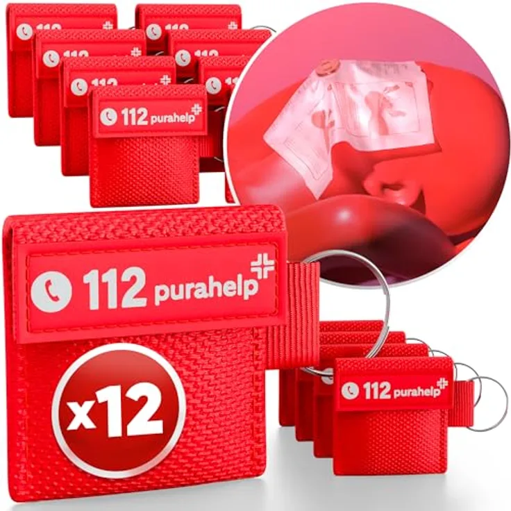 Purahelp Erste-Hilfe-Set Beatmungstuch 12er Set, Hygienischer Mund-zu-Mund Beatmungsschutz mit praktischer Tasche und Schlüsselanhänger