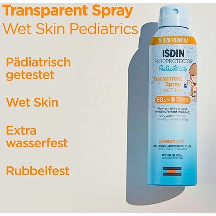 ISDIN Pediatrics Wet Skin Transparent Spray LSF50 (250ml) | Wasserfest und Wet Skin | unsichtbarer und leichter Lichtschutz – Bild 3