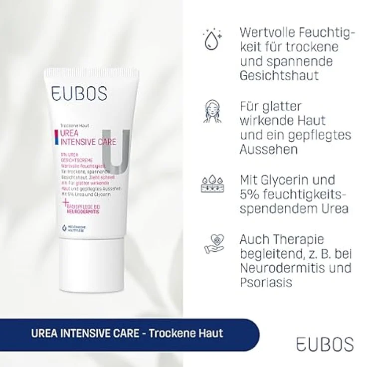 Eubos Urea Intensive Care I 5% Urea Gesichtscreme - Intensive Feuchtigkeitspflege für trockene, spannende Haut - Beruhigend und glättend - 50ml – Bild 2