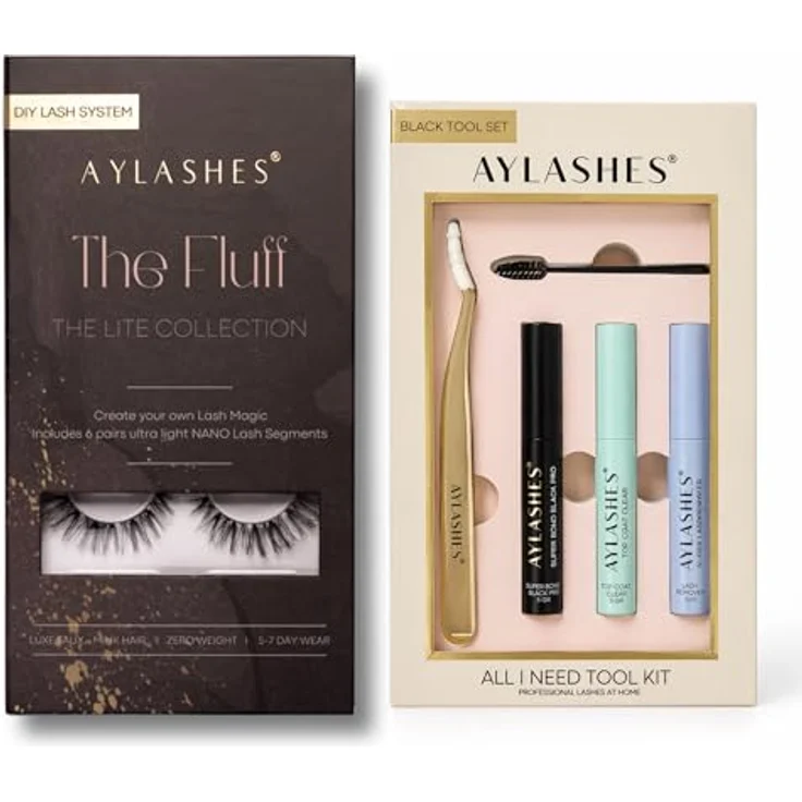 AYLASHES THE FLUFF DIY Wimpernextensions Starter Set | 5 Paar Wimpern (10-15 mm), Applikator, Wimpernkleber, schwarzer Top Coat Sealer, Lash Remover | Wimpernset für zu Hause, bis zu 7 Tage Halt – Bild 1