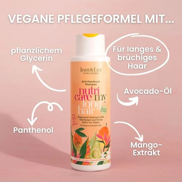 Jean & Len Shampoo Anti-Haarbruch Mango & Avocado, regeneriert brüchiges Haar, vegan, 500 ml – Bild 2